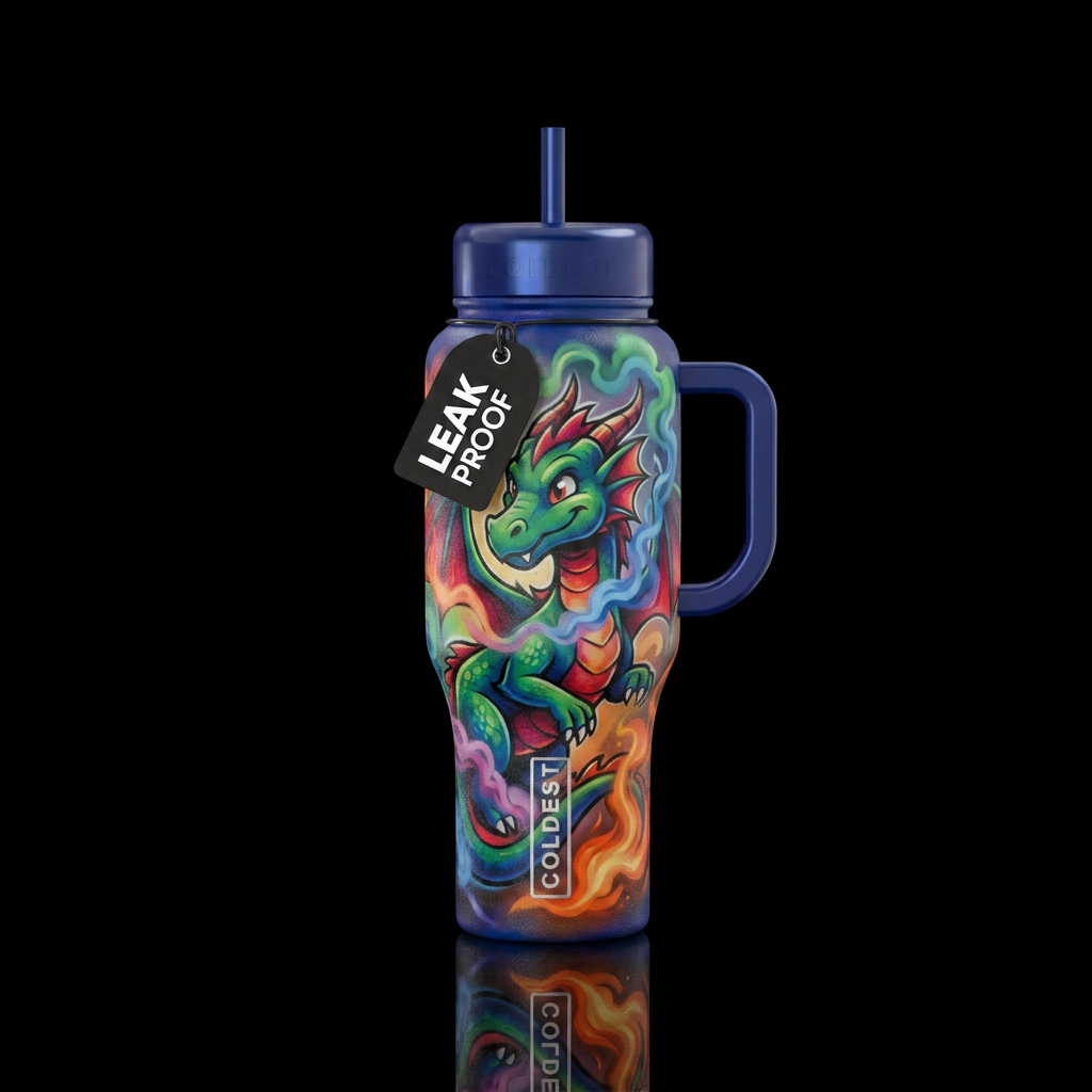 spray painted, cartoon, smoke, dragon water bottle design