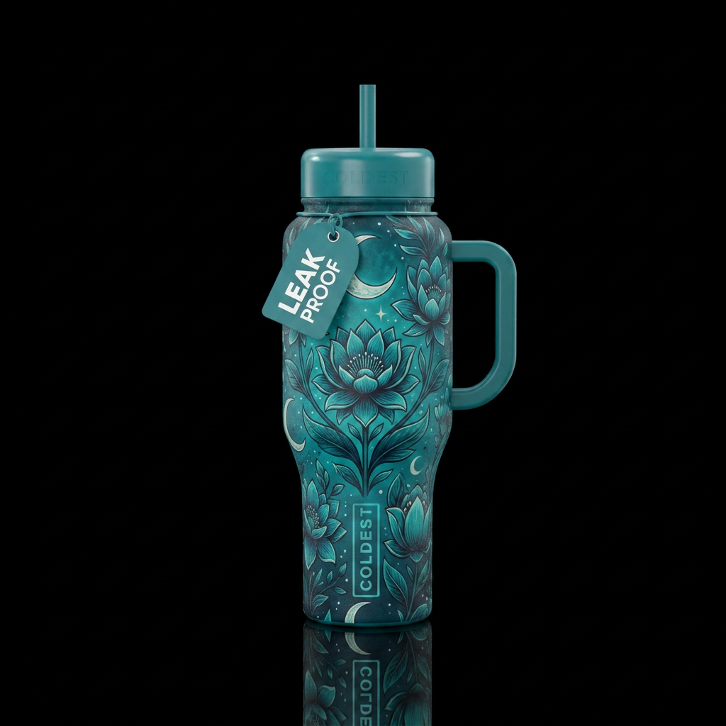 Teal moonlight floral water bottle design