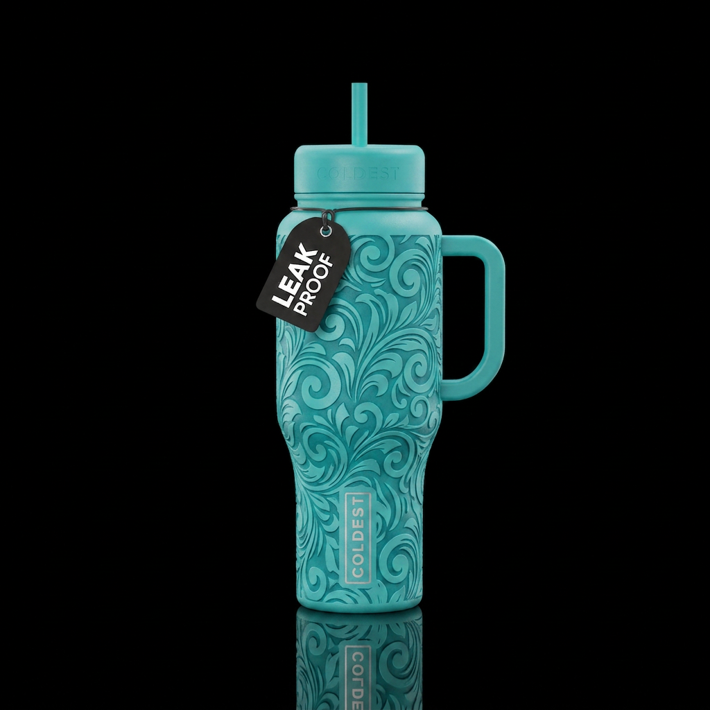 Teal engraved floral swirl patterns water bottle design
