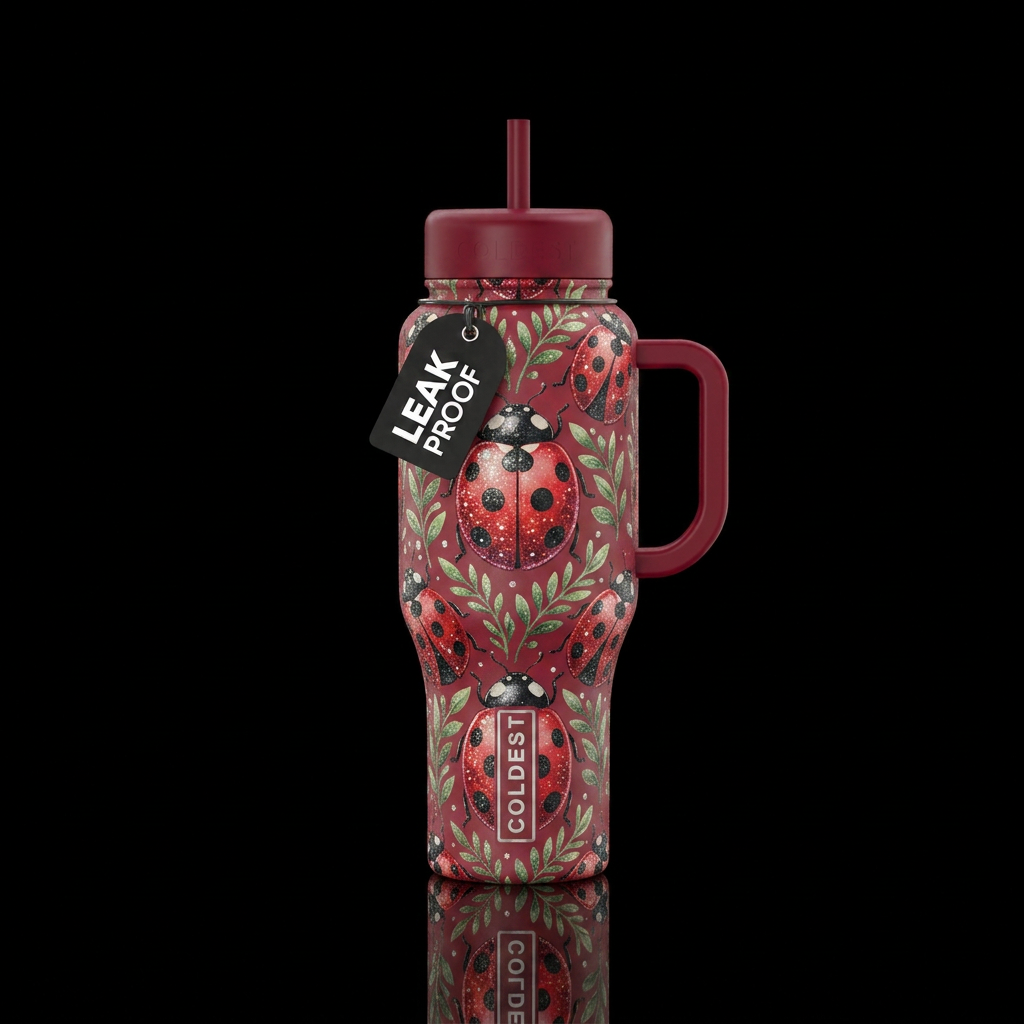 Lady bug, whimsical, sparkly, vibrant water bottle design