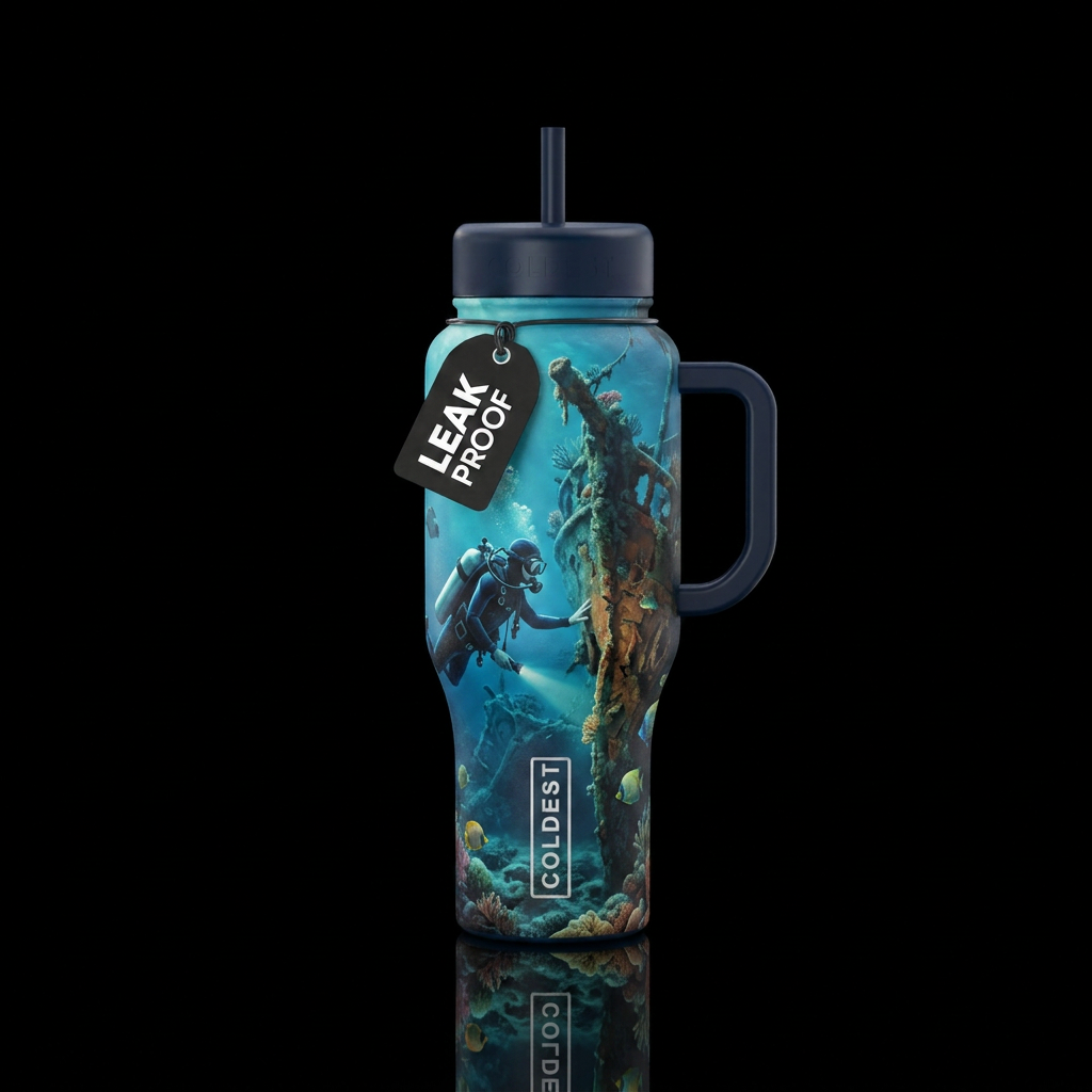 Scuba diver exploring shipwreck water bottle design
