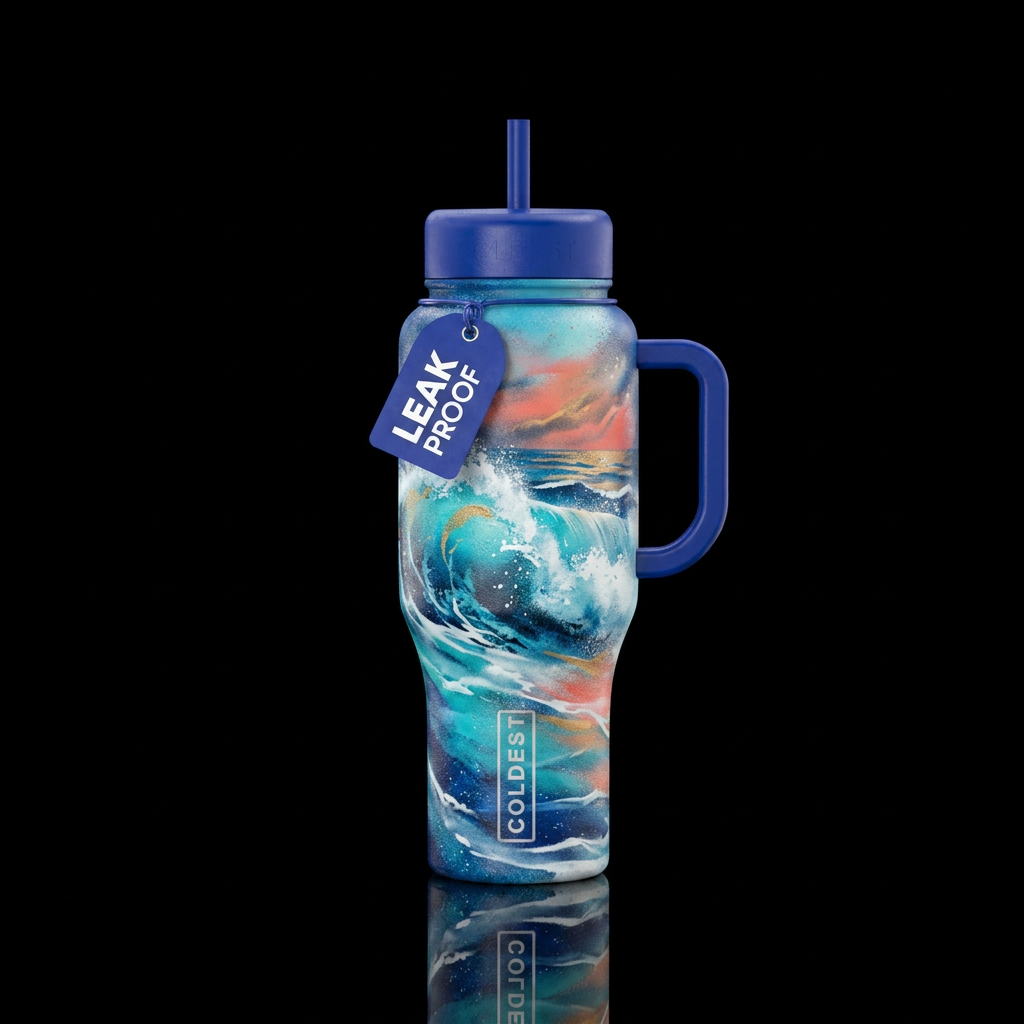 ocean, spray painted water bottle design