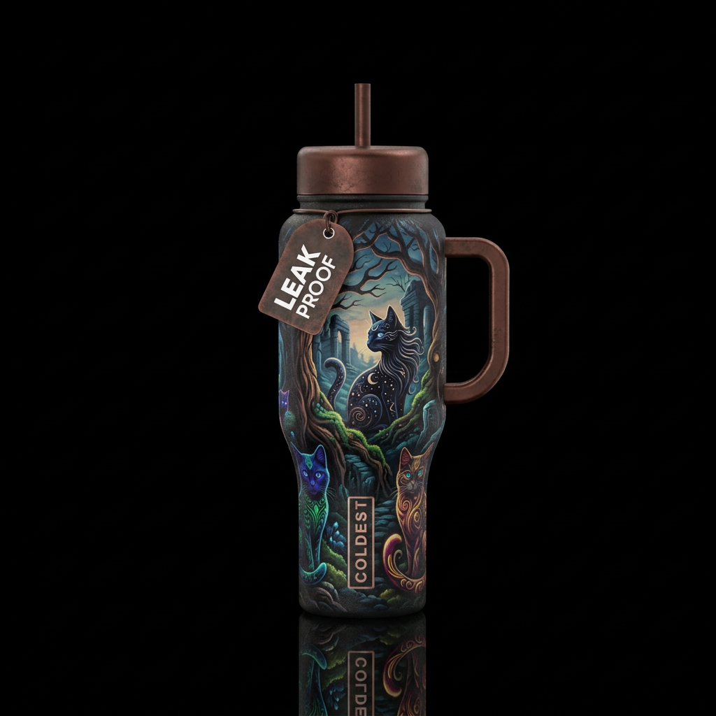 dark mood, rustic, fantasy, cat, stylistic water bottle design