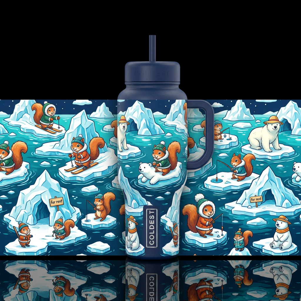 Squirrels, iceberg, funny, seamless water bottle design