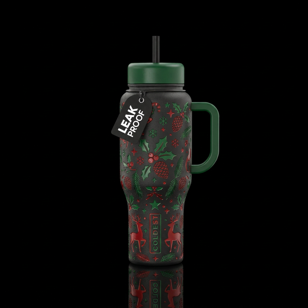 Christmas spirit, engraved, red and green water bottle design