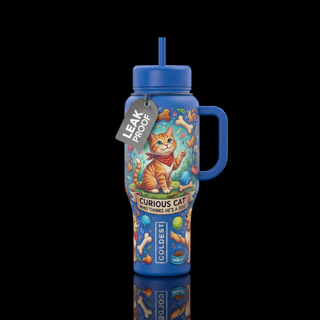 Curious cat who thinks hes a dog water bottle design