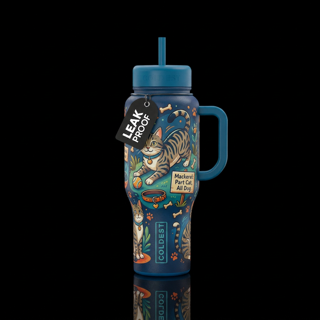 Mackerel the cat who thinks hes a dog water bottle design