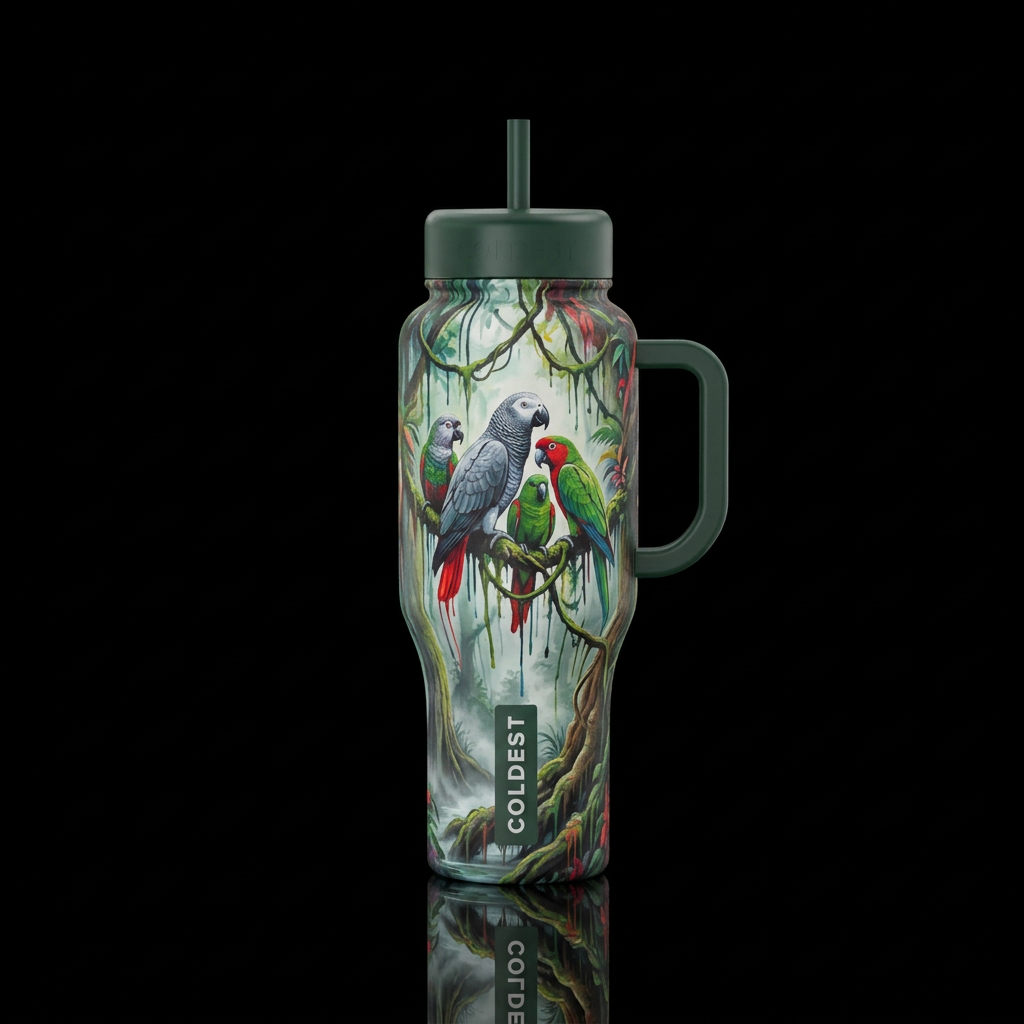 african, parrot, misty forest, ancient, stylistic,... water bottle design