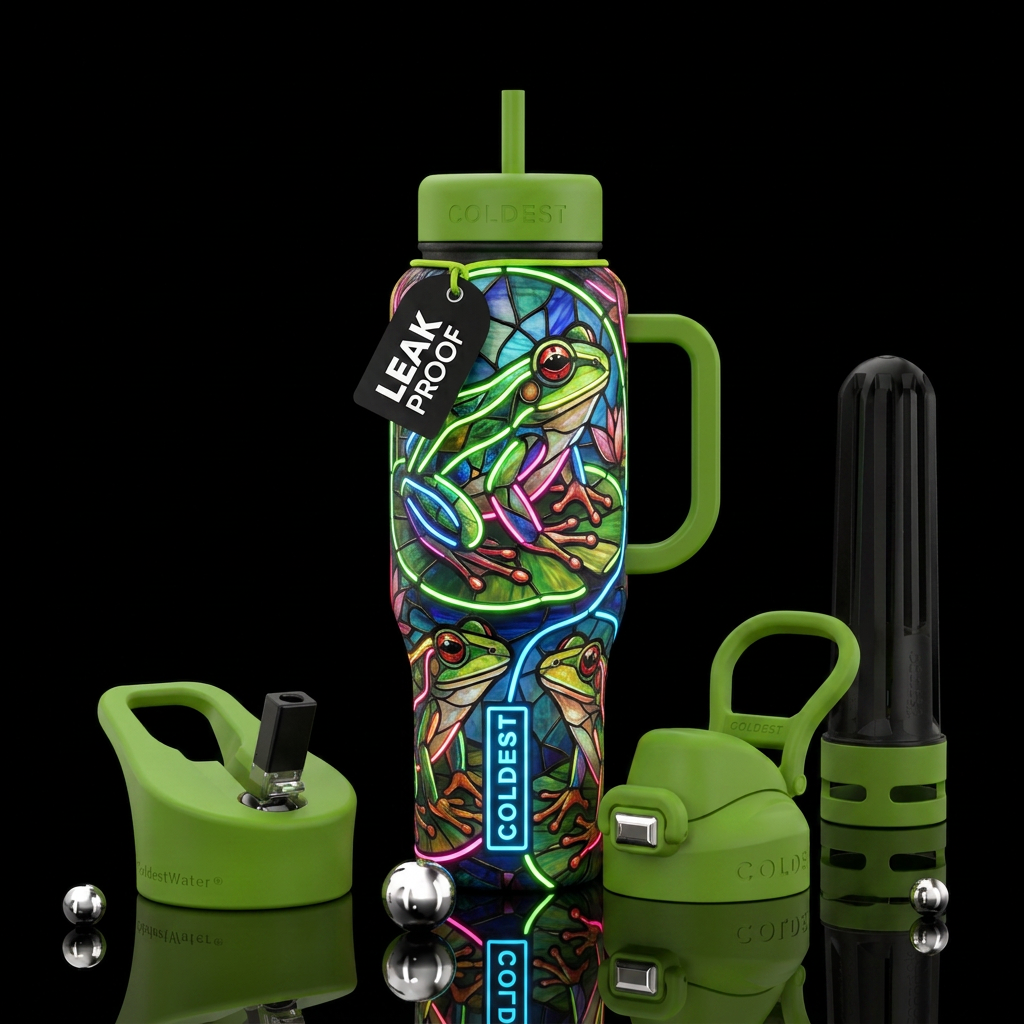 Gloie frogs, stained glass, neon water bottle design