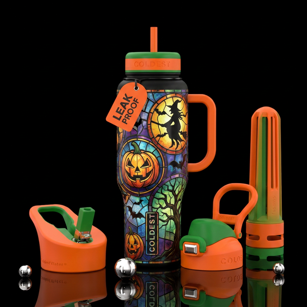 Halloween, stained glass, neon water bottle design