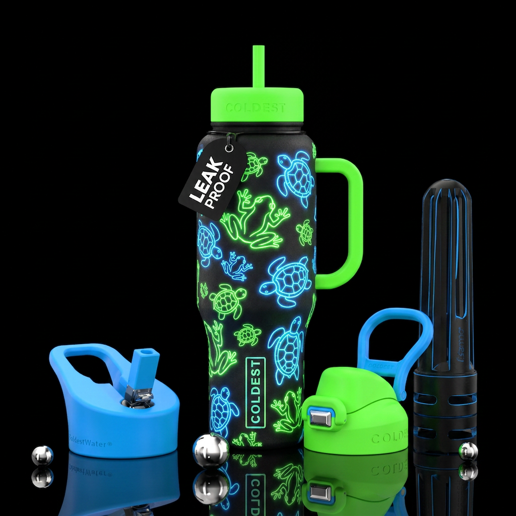 Glowie frogs and turtles, neon water bottle design
