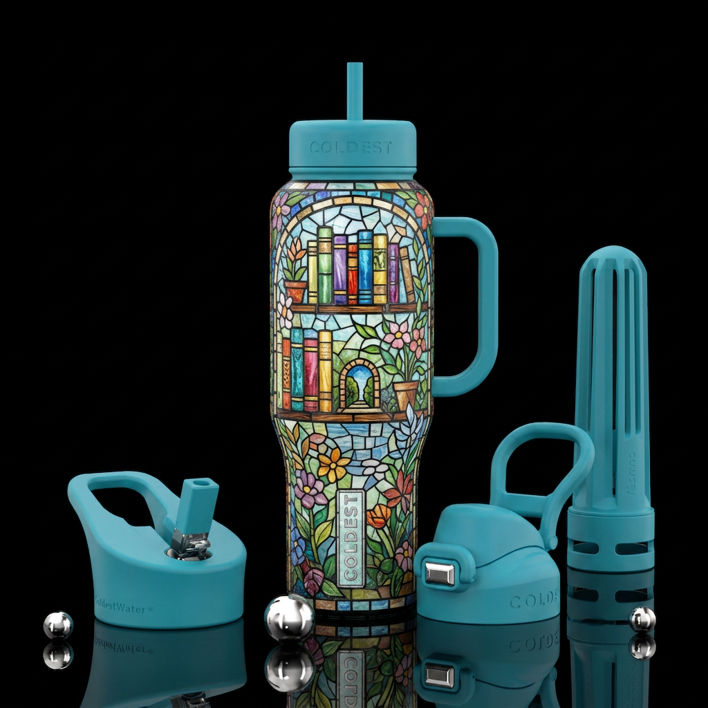 Books on shelf, stained glass, garden water bottle design