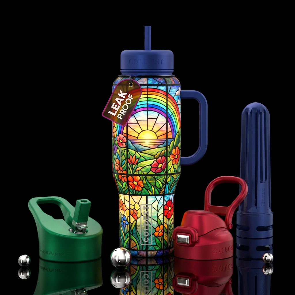 Sunset rainbow, neon, stained glass, garden water bottle design