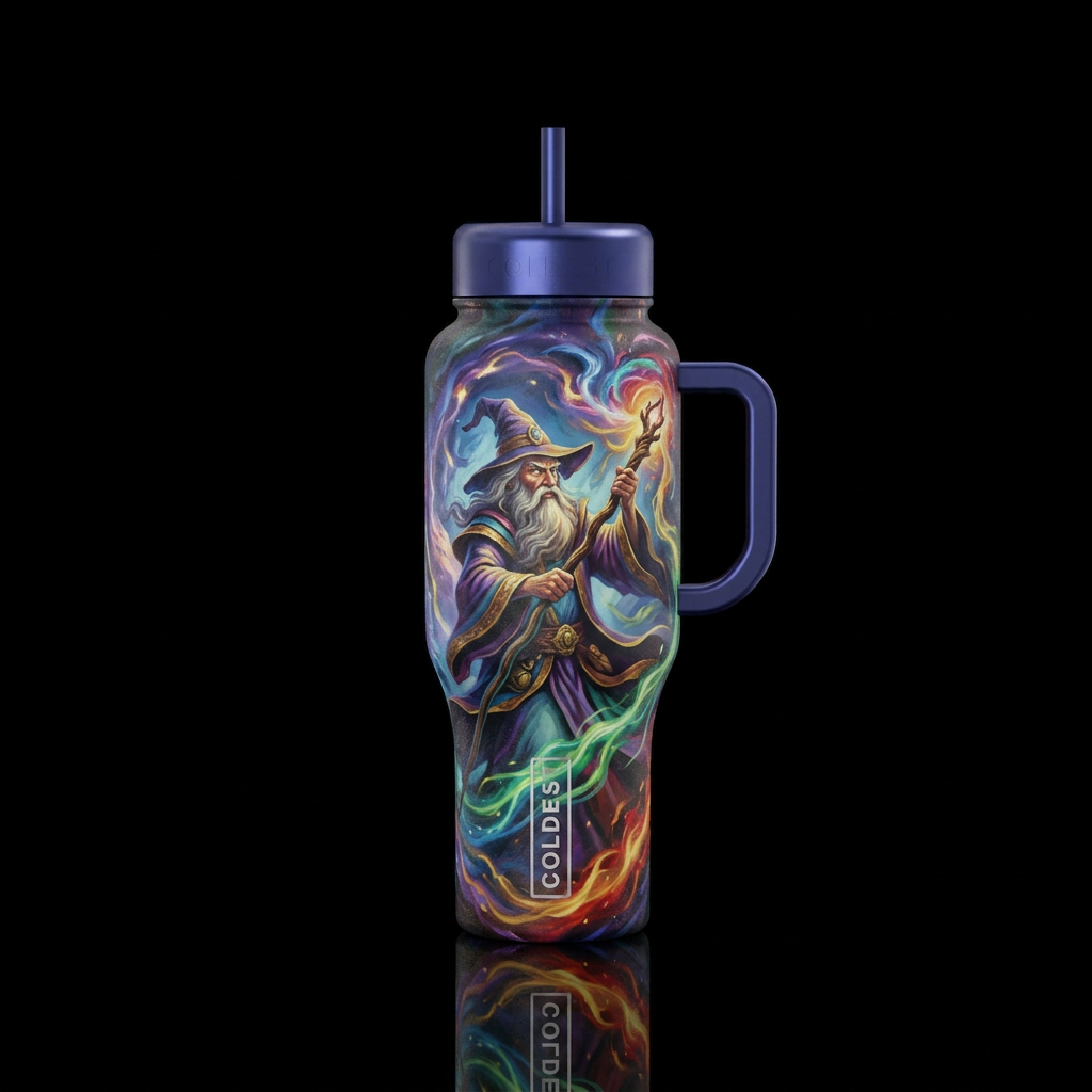 painting, mythical, wizard water bottle design