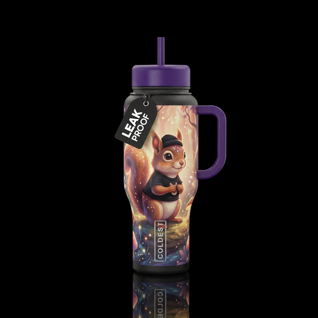 squirrel, black shirt, black hat, dreamy water bottle design