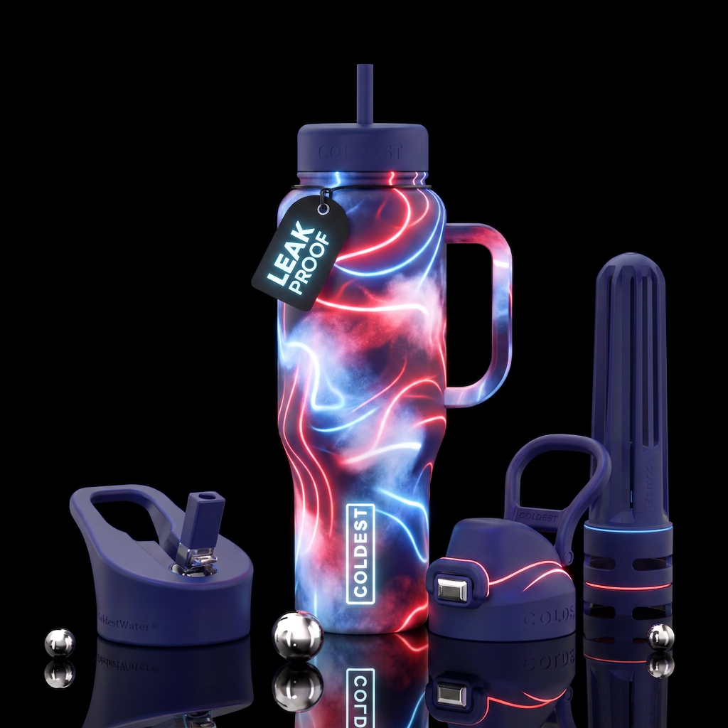 Red white blue, neon, dreamy water bottle design