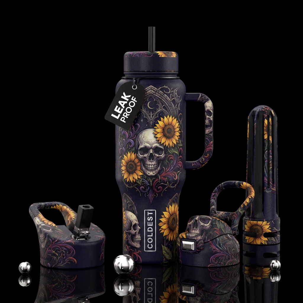 Skulls,sunflowers, gothic water bottle design