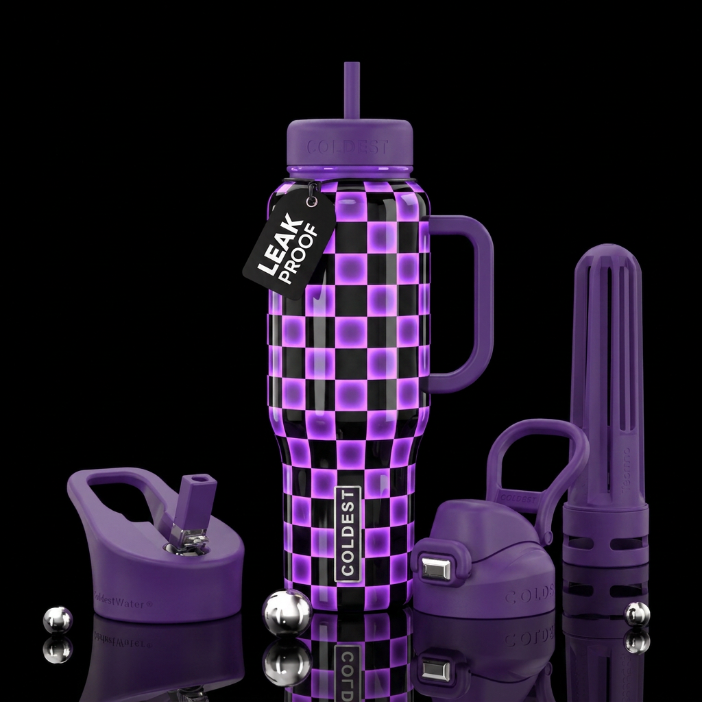 glowie purple and black checkers water bottle design