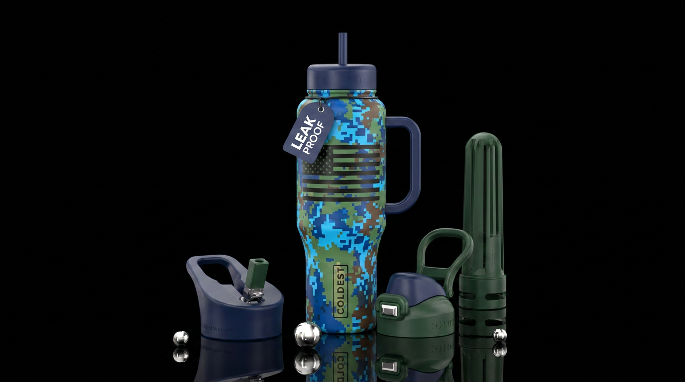 Digital camo with a black American flag water bottle design