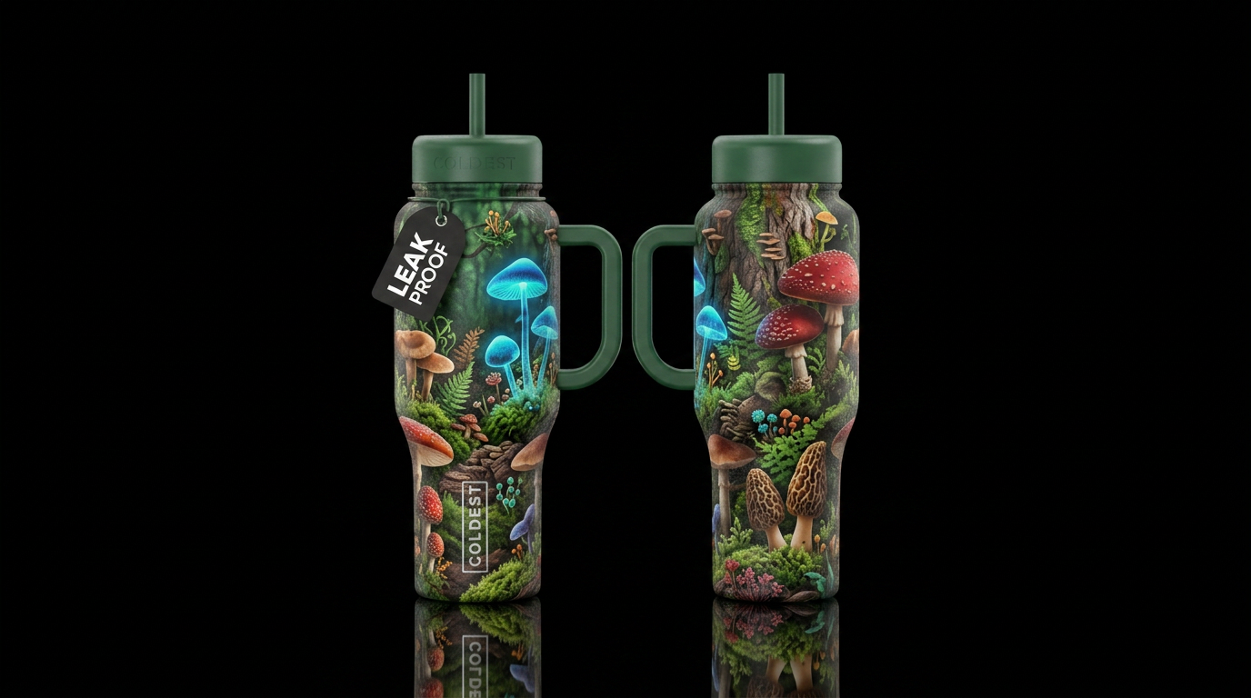 mushroom forest please show both sides of bottle water bottle design