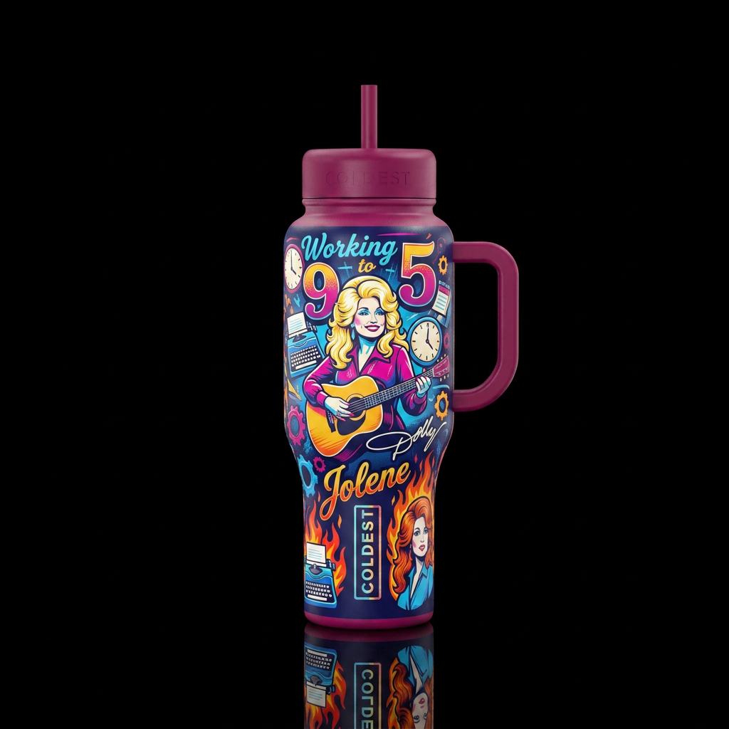 Dolly Parton, working 9 to 5, Jolene, water bottle design