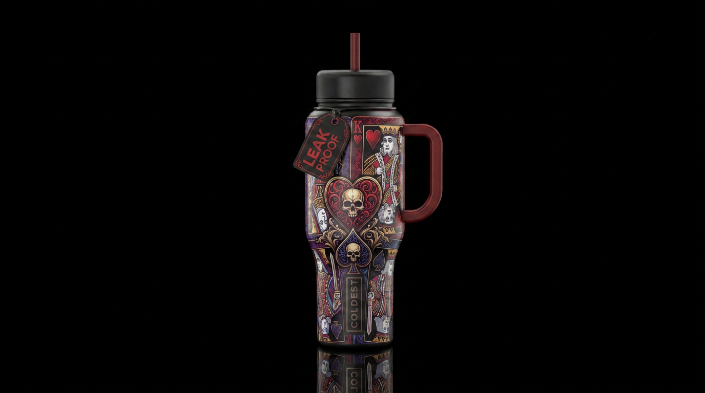 Deck of cards, gothic water bottle design