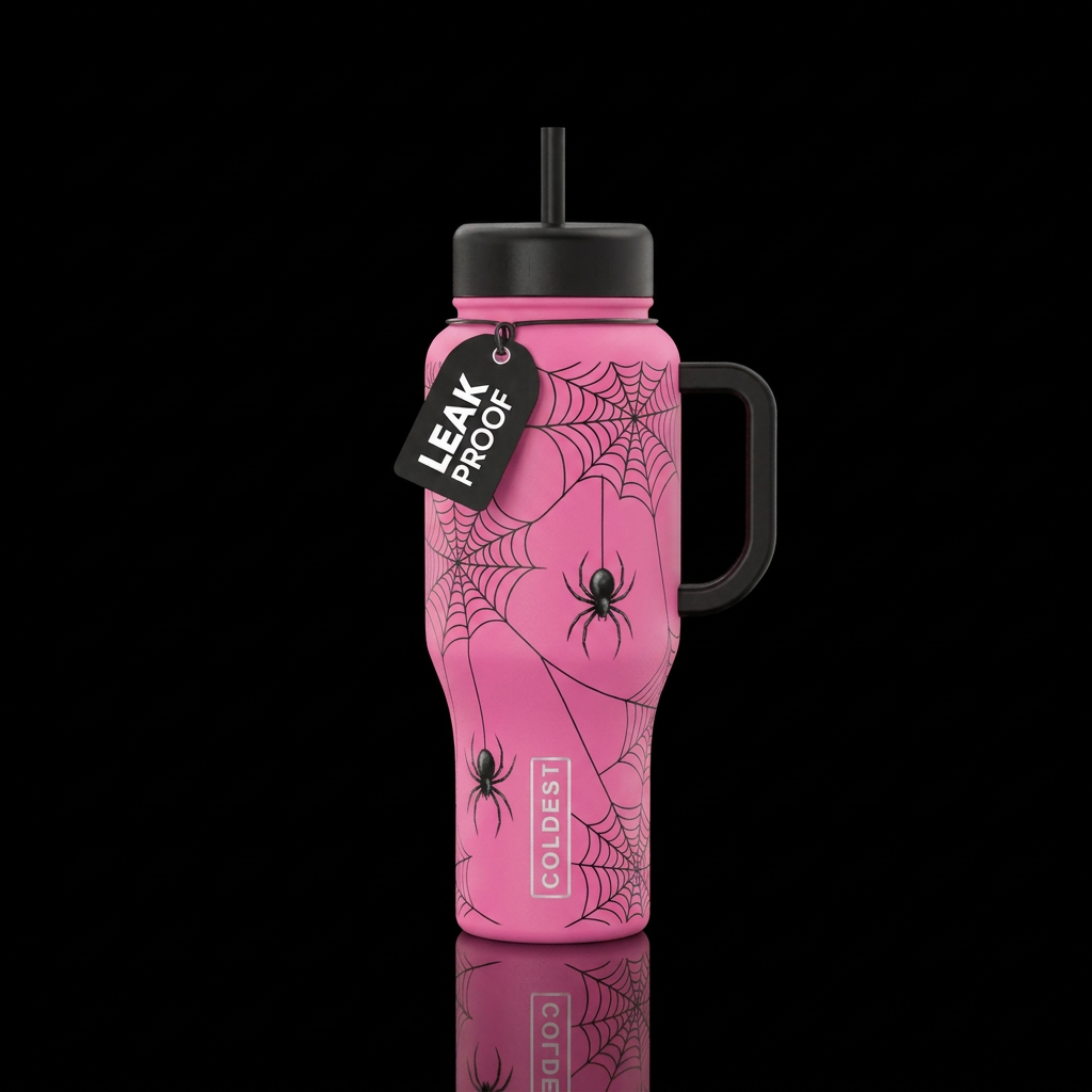 Pink bottle with black spider webs that have black... water bottle design