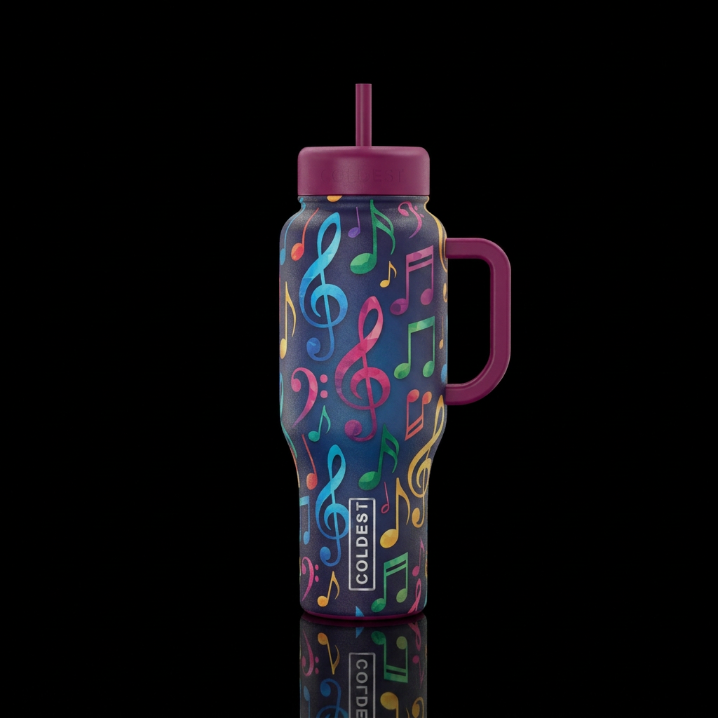 music notes water bottle design