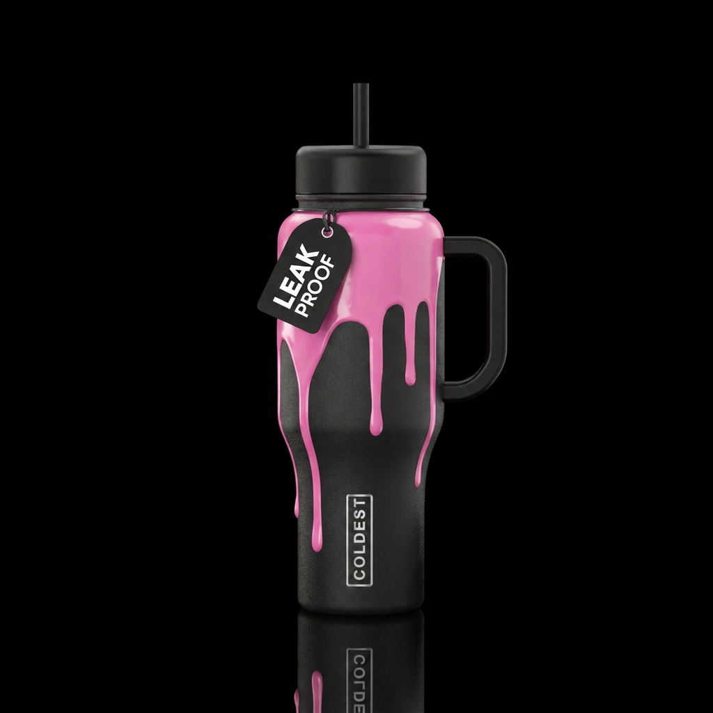 Pink drip, black bottle water bottle design
