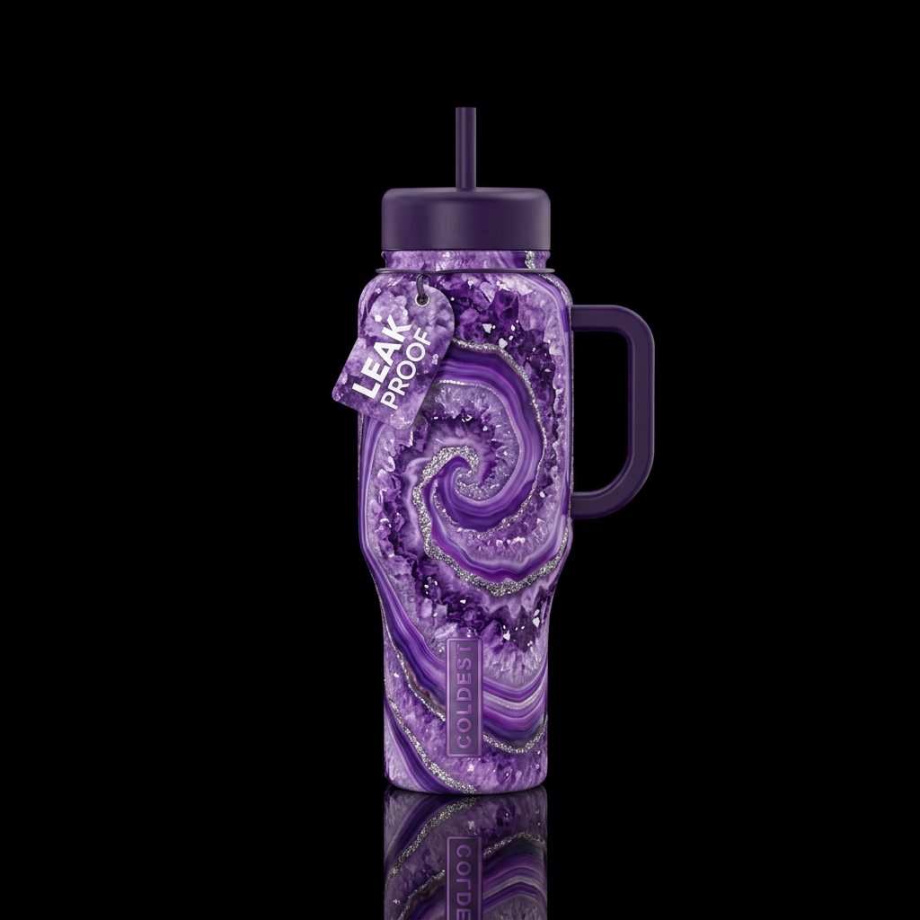 Geode, purple, spiral water bottle design