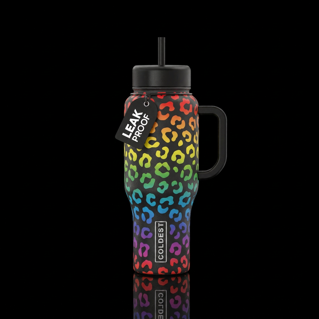 Rainbow leopard print, black bottle water bottle design