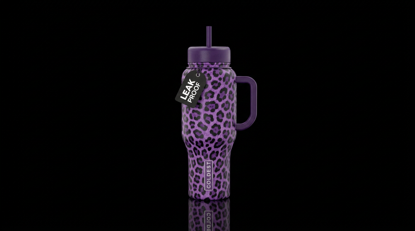 Purple leopard print black bottle water bottle design