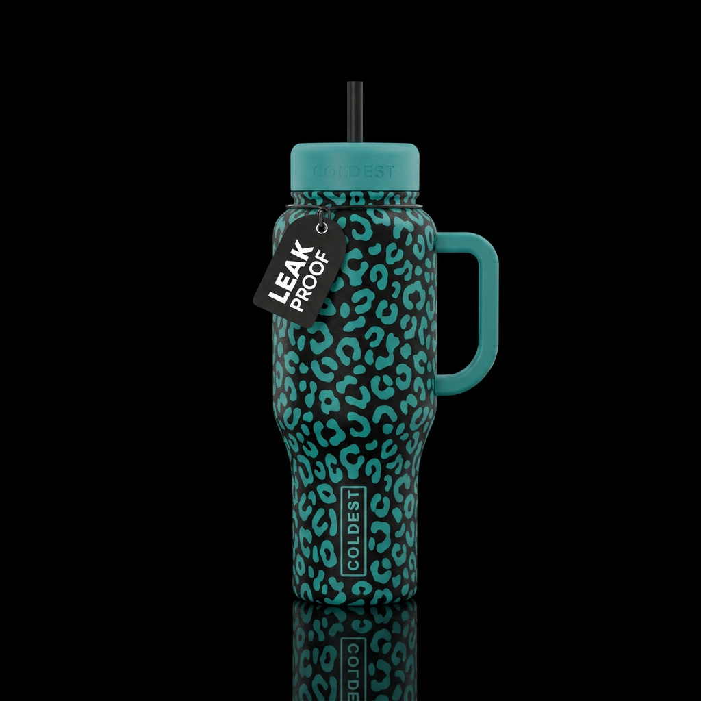 Teal leopard print black bottle water bottle design