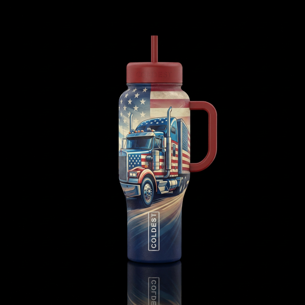 Patriotic 18 wheeler water bottle design