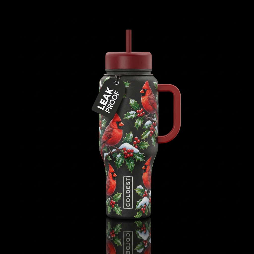 Cardinal birds holly and snow water bottle design