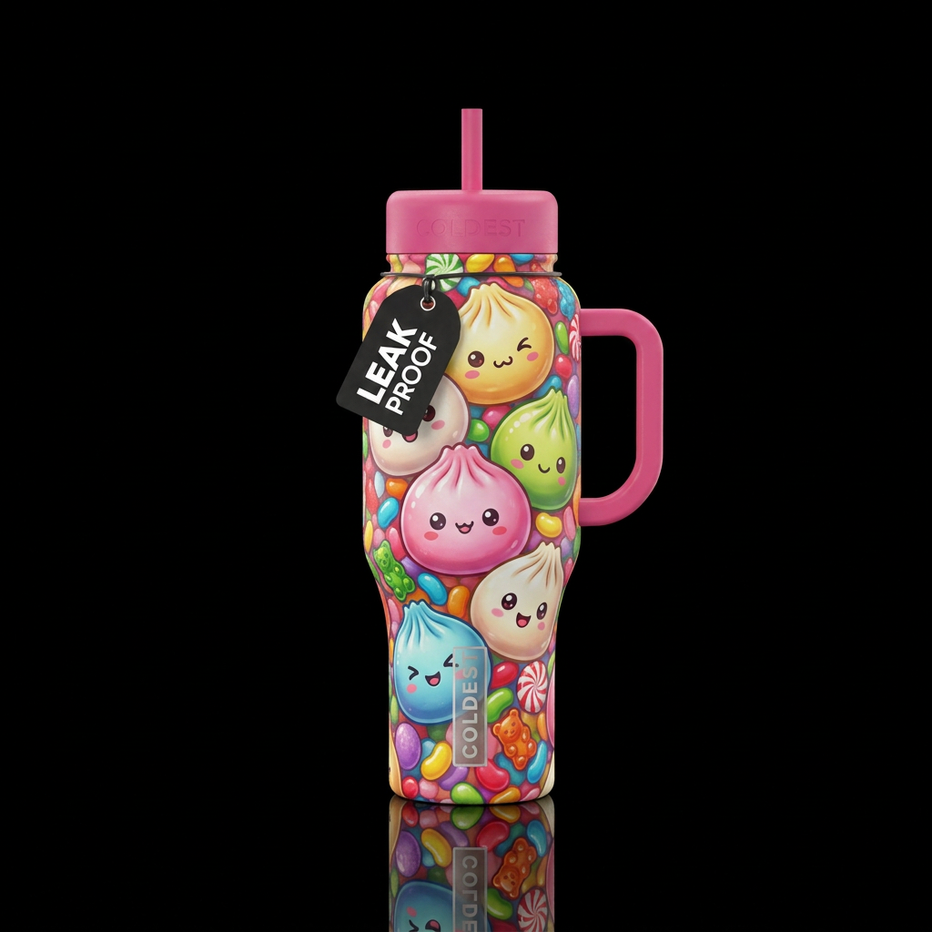 Colorful squishy dumplings with faces with candy b... water bottle design