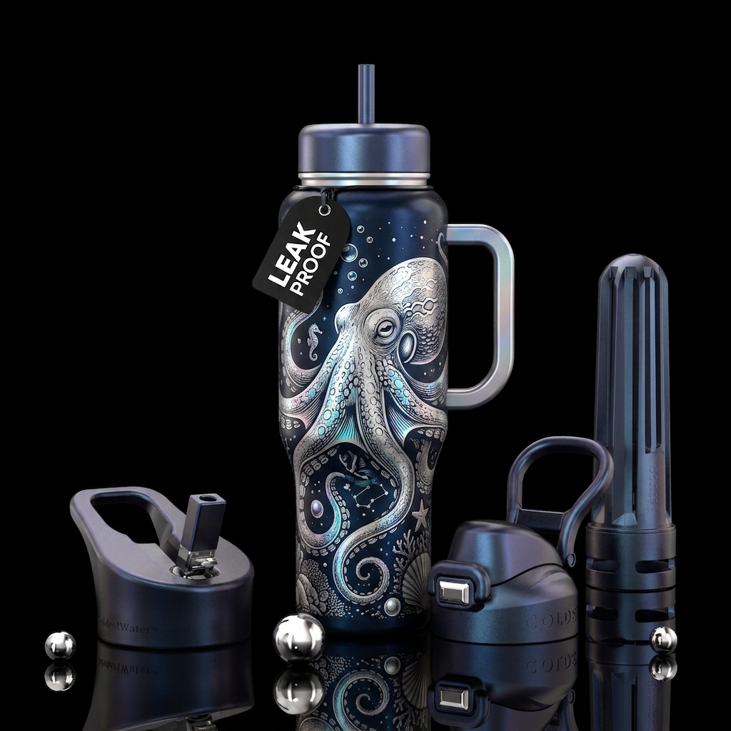 "Midnight Pearl Octopus" — Abalone Etched Ocean Ed... water bottle design