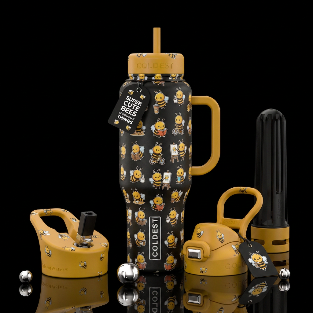 Super cute bees doing human things water bottle design