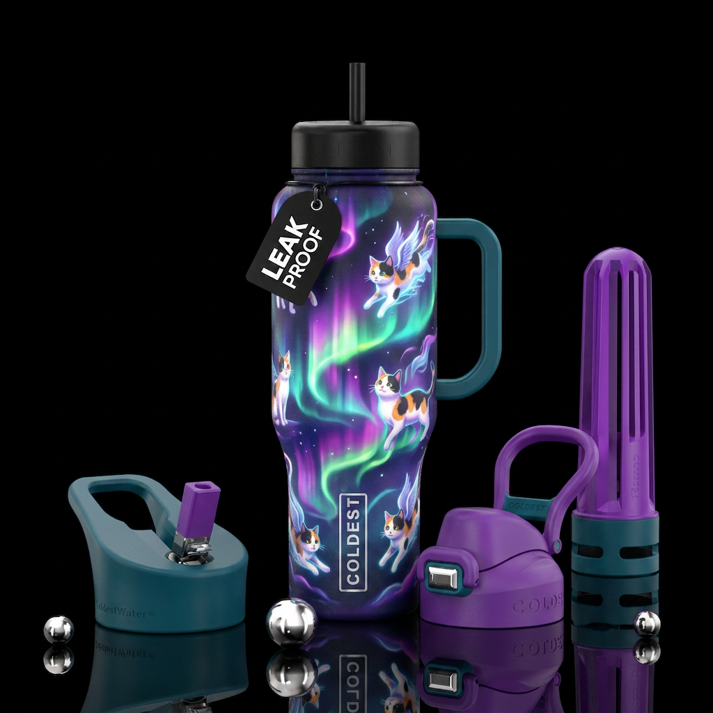 Northern lights and calico cats flying, abstract, ... water bottle design