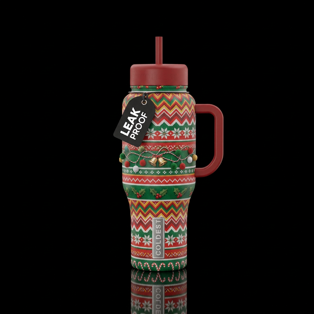 Use classic ugly\-sweater motifs such as repeating... water bottle design