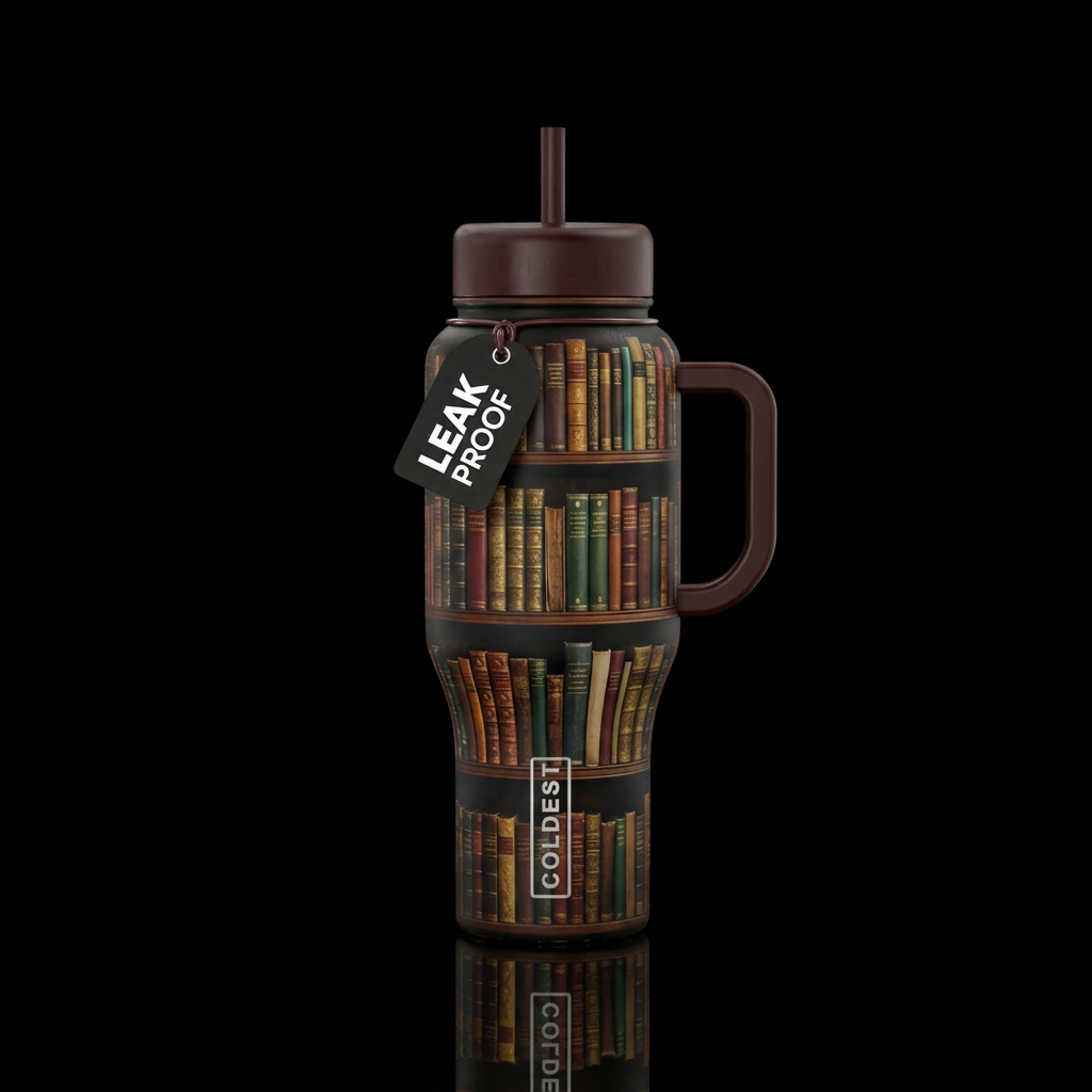 Library of book shelves - old and new make it dark... water bottle design