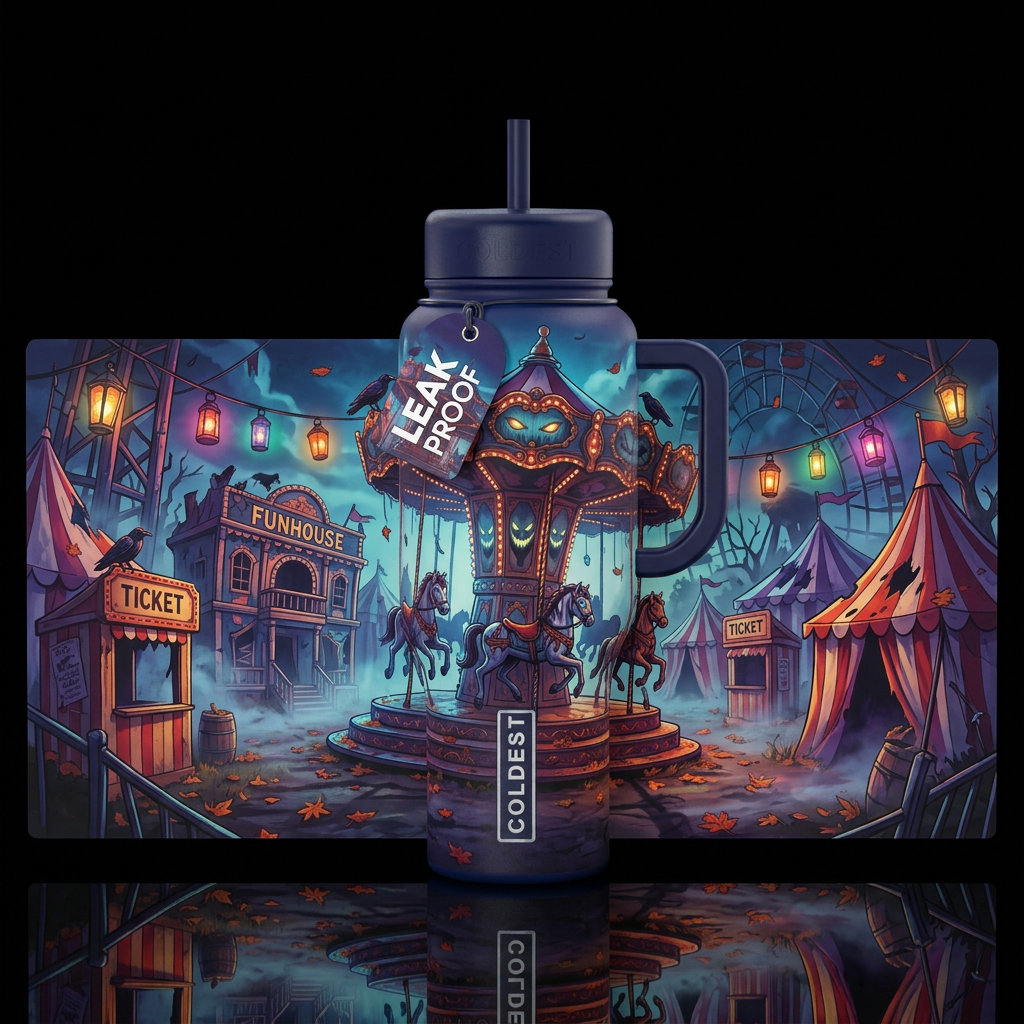 “The Midnight Carnival\.”  Feature a mysterious ab... water bottle design
