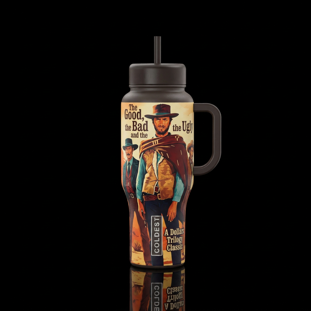 Create a good the bad the ugly movie tumbler water bottle design