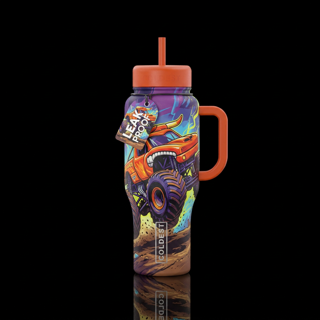 El Toro Loco monster truck water bottle design