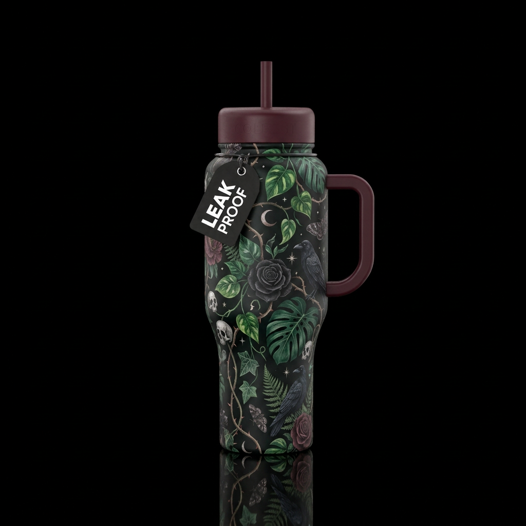 Create one gothic botanical tumbler in a single pr... water bottle design