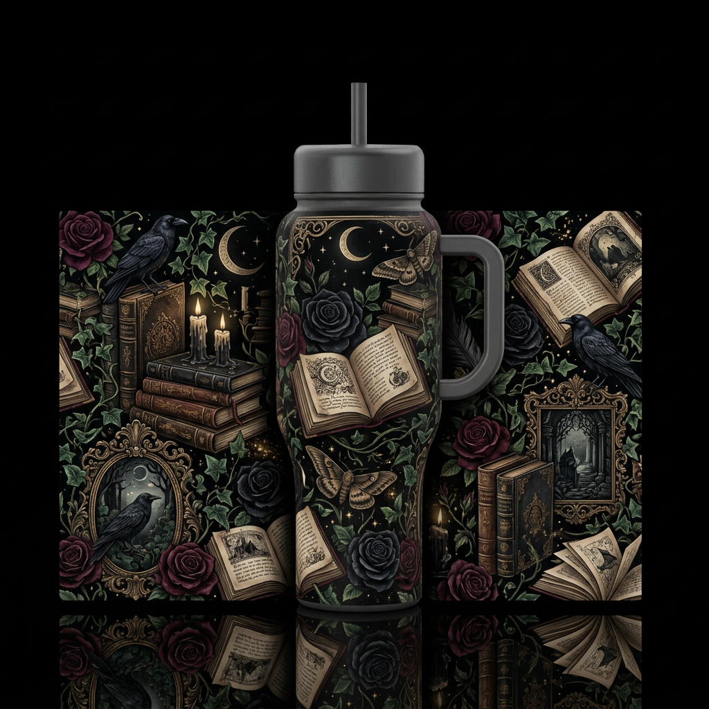 Create one gothic book-themed tumbler in a single ... water bottle design