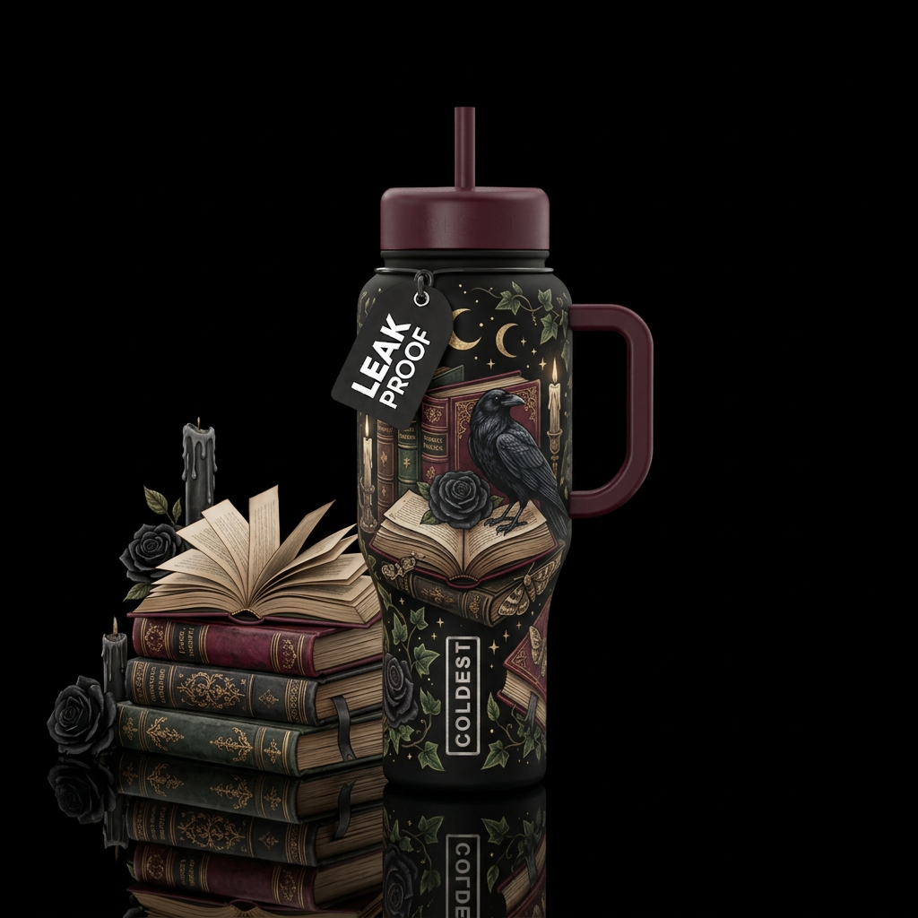 Create one gothic book-themed tumbler in a single ... water bottle design