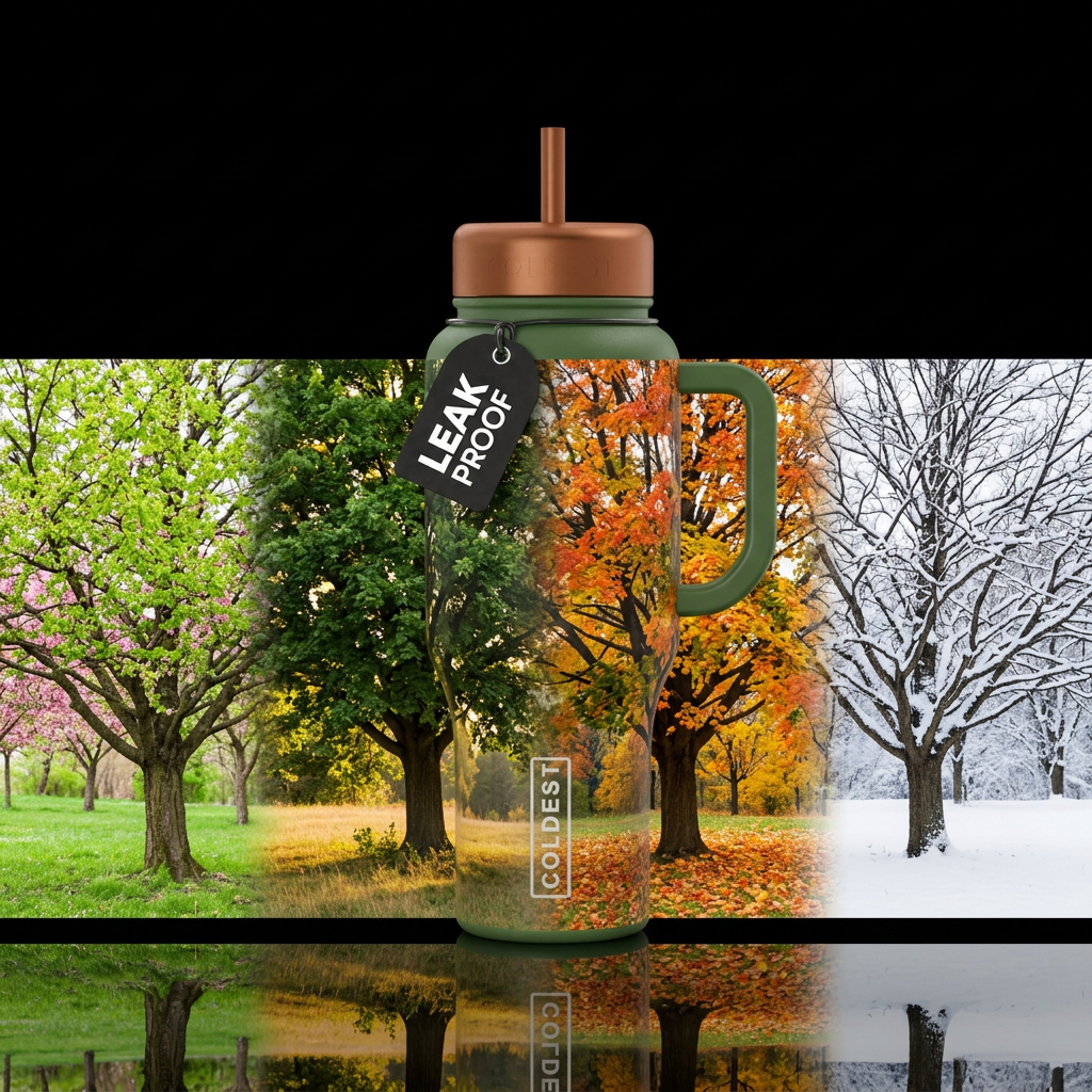 Show all 4 seasons changing of 1 location of a tre... water bottle design