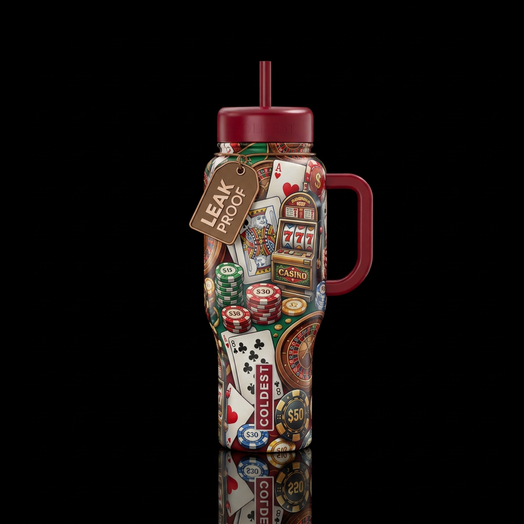 Create a casino related cards, chips, machines water bottle design
