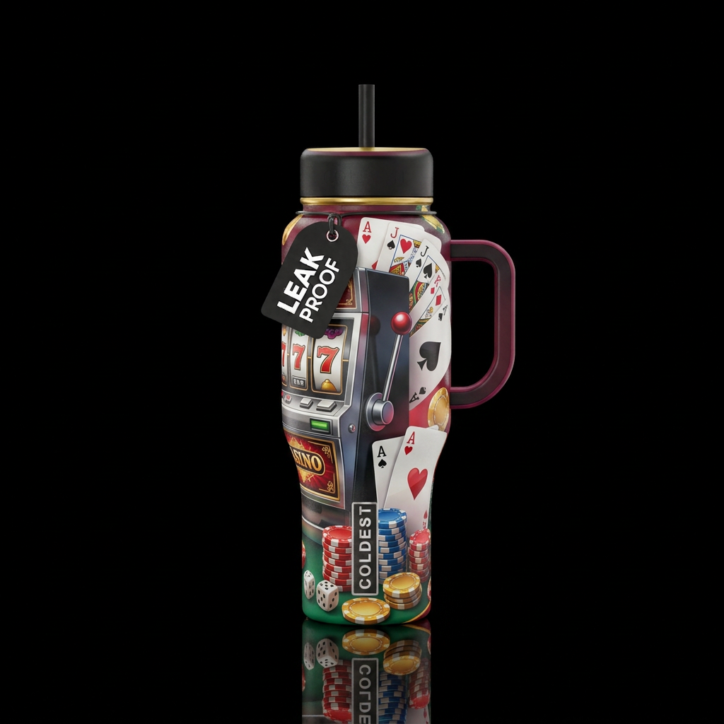 Create a casino related cards, chips, machines water bottle design